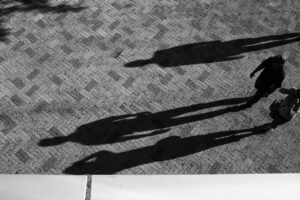 Shadows of people standing on an open plaza